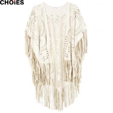 4 Farben choies Damen Faux Wildleder Leder schnitt Sommer Strand Vertuschung Kimono lange fransen Quasten Mantel Strick