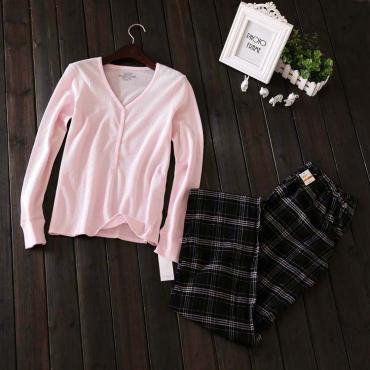 Bestseller im Frühjahr einfach weicher Baumwolle LangÄrmelige Pyjamas Damen casual Einfarbig Nachtwäsche für Mädchen