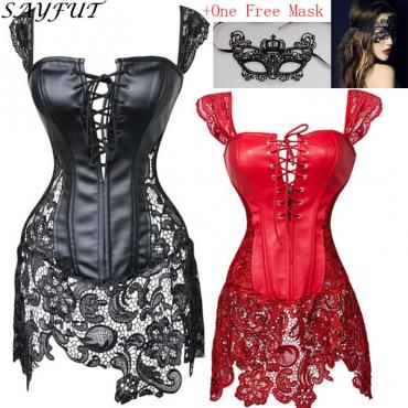 burlesque Steampunk Schwarze Faux Leder Spitzen plus Size Taille Ausbildung Korsett Top Bustiers kostüm Kleid