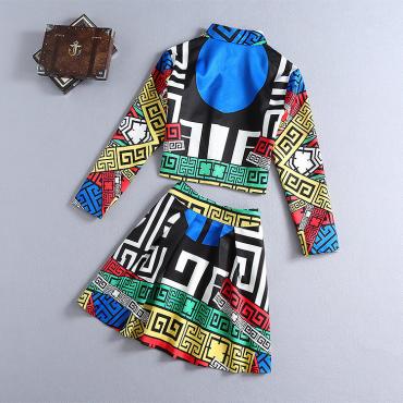 nur 2 Stück Damen TrainingsAnzug Winter paLace retro Geometrischen Aufdruck Pflanzliche Top Rock und lässig langärmel