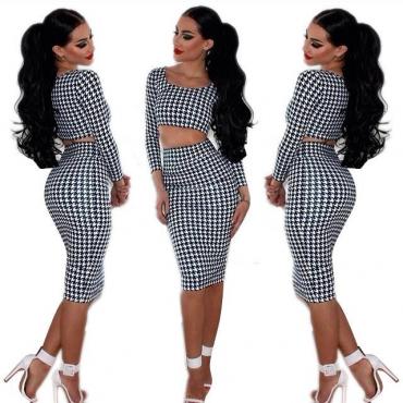 heißes Verkauf sexy Damen Houndstooth lange Ärmel Tops 2PCs Set Midi Kleid Bodycon Clubwear l34