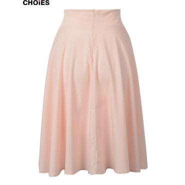 choies Damen perfekte pfirsich Rosa Bundfalten eine linie saias Femininas geweitete hohe Taille Midi Skater Rock
