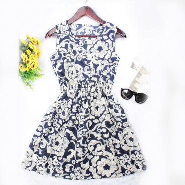 neue Marke Sommer Damen Kleid lässig Print Ärmellose Kleid Chiffon Streifen Blumenmustern elastischen Bund Böhmischen