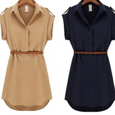 Damen im Sommer eine solide und kurzen Kleid mit gürtel Grösse Chiffon casual Kleider für Party Strand büro Summer