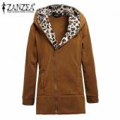 plus Size m xxl Herbst Winter Mode Damen Leopard gedruckten reißverschluss bis KapuzenMantel Jacke lange Ärmel out