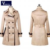Vangull Trenchcoat für Damen Mode ab Kragen zweireiher gegensatz Farbe lange Mäntel und Grösse casaco
