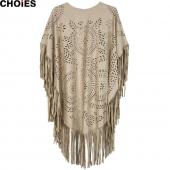 4 Farben choies Damen Faux Wildleder Leder schnitt Sommer Strand Vertuschung Kimono lange fransen Quasten Mantel Strick