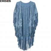 4 Farben choies Damen Faux Wildleder Leder schnitt Sommer Strand Vertuschung Kimono lange fransen Quasten Mantel Strick