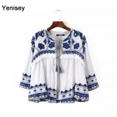 sexy Damen Vintage retro Ethnischen Mode Jacke Damen Bestickten Blauen und Weissen Blumen Print Locker lässig