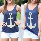 Damen Lockere Weste casual Tank Tops Ärmellose Bluse Anker Bowknot Cotton blend 72nu