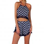 neue Mode Damen 2 Stück Sommer Setzt Tassel Ärmellose rückenfrei Pflanzliche Top Gestreiften Shorts Damen