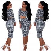heißes Verkauf sexy Damen Houndstooth lange Ärmel Tops 2PCs Set Midi Kleid Bodycon Clubwear l34