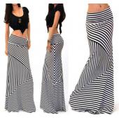 Damen asymmetrische hohe Taille Gestreiften zusammenschrumpfen Strecke lange Maxi Rock und Grösse