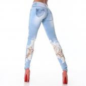 neue Mode Damen und slim Dünne Spitzen stretch Denim Jeans Blaue Farbverlauf Häkeln rampe