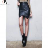 choies Damen hohe Taille Bodycon pu Leder Schwarz im Herbst Winter split slim asymmetrischen BleiStift sexy Mini