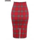 Damen klassiker Rot karierten hohe Taille Midi Bleistift Rock mit split im Frühjahr heiß Verkauf in aktien Zurück