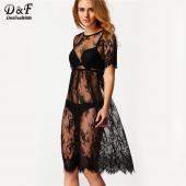 sheinside Damen Midi Kleider lässige Schwarze kurze Ärmel o Hals mit Strand sexy Kleid tragen