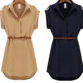 Damen im Sommer eine solide und kurzen Kleid mit gürtel Grösse Chiffon casual Kleider für Party Strand büro Summer