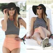 elegante Damen Tankinis Set Badeanzug push up Gepolsterte  Streifen Tank Top hohe Taille boden Setzen Badean