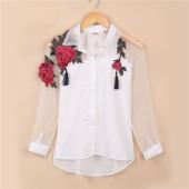 Mode Sommer elegante Damen Bluse Blume Stickereien Vintage T Shirts Organza Ärmel Tops und Grösse s 3xl