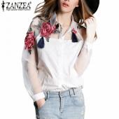 Mode Sommer elegante Damen Bluse Blume Stickereien Vintage T Shirts Organza Ärmel Tops und Grösse s 3xl