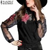 Mode Sommer elegante Damen Bluse Blume Stickereien Vintage T Shirts Organza Ärmel Tops und Grösse s 3xl