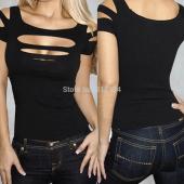 Damen Mode Damen Damen sexy Riss hat Schwarze engen T Shirt Top Clubwear schnitt Tee Club goth Punk