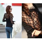 neue T Shirts spannen Floral Spitzen Patchwork Damen o Hals lange Ärmel slim fit einfache Tops camisetas Femininas