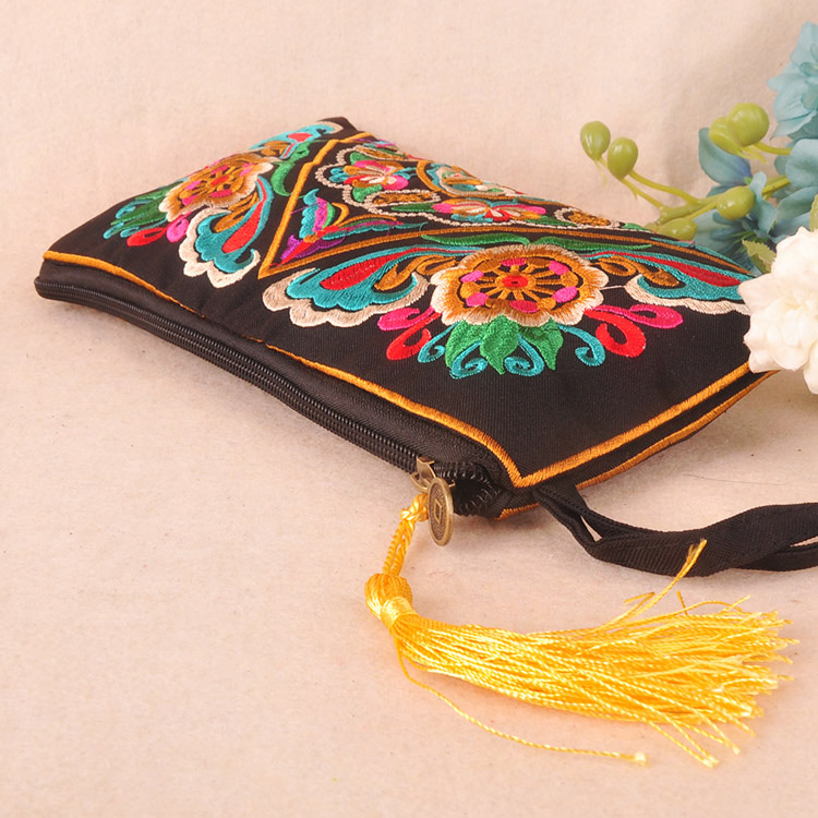 Nationalen Stil Damen Taschen Kontrast Farbe Stickerei Damen Handtasche Handschlaufe Eleganten Quasten Kleine Mini