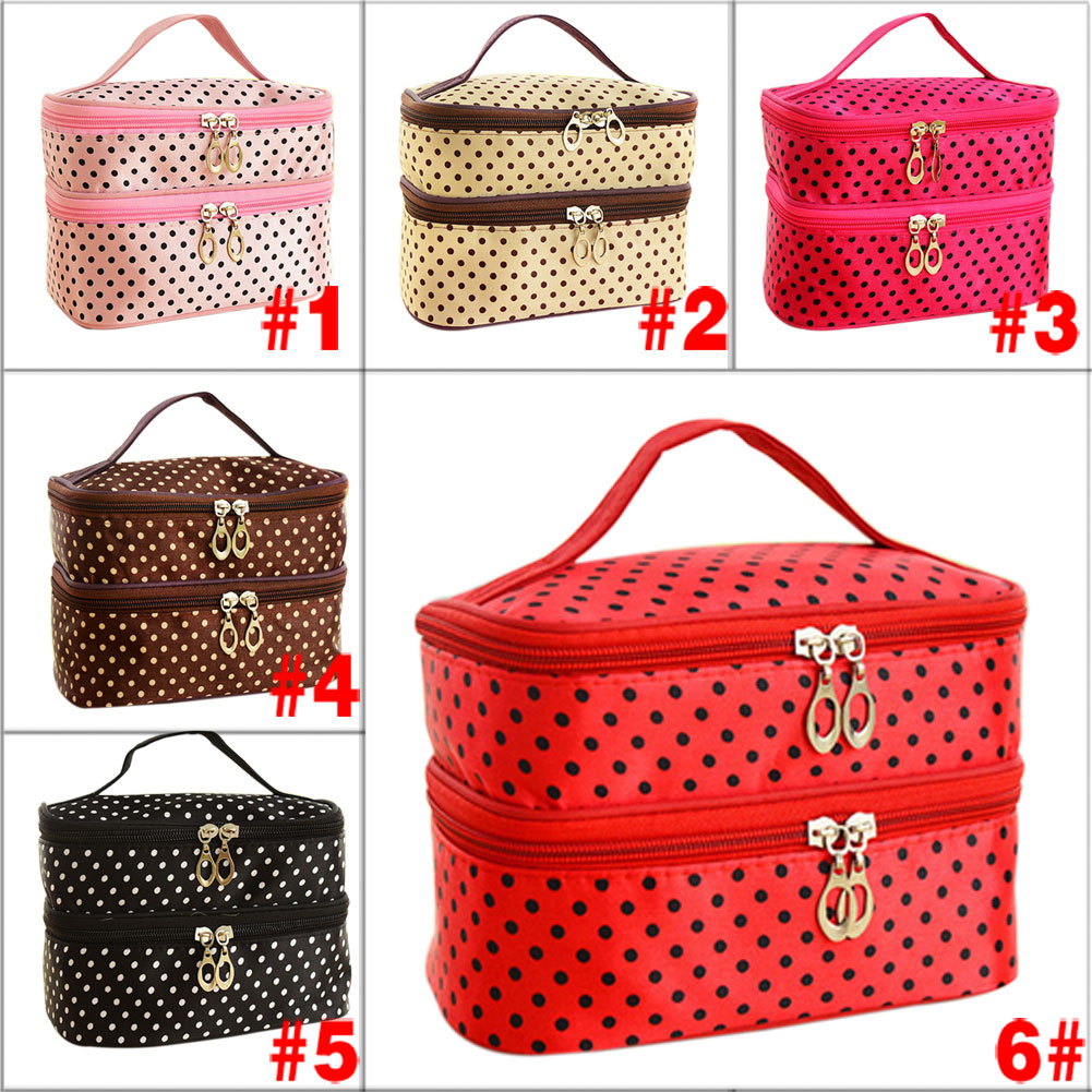 Doppel deck Damen Mode Kosmetiktasche Große Reise Dessous Bh Unterwäsche Dot Taschen Make Up Toiletry