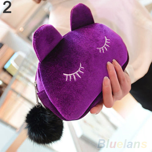 Tragbare Cartoon Katze Münze Aufbewahrungskoffer Reise Make Up Flanell Beutel Kosmetiktasche