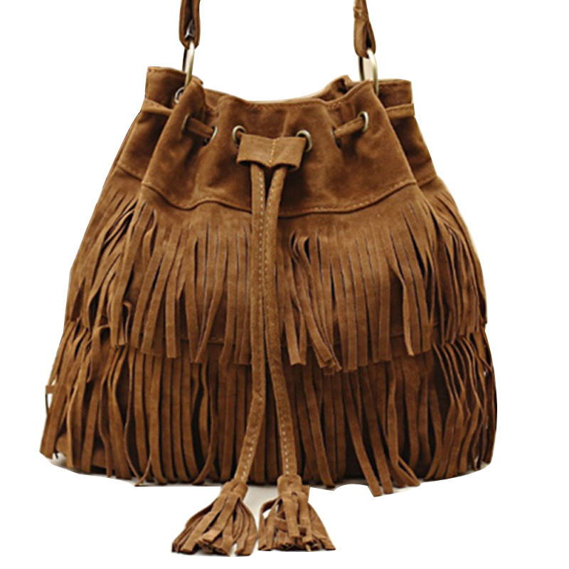 WildLeder Kordelzug Eimer Tasche Damen Handtasche Faux Fringe Quaste Schulter Crossbody Umhängetasche