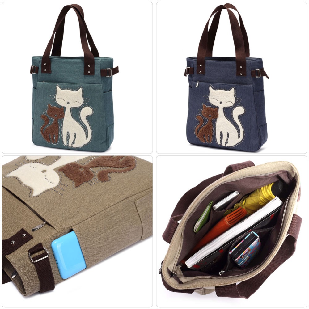 Mode Damen Leinwand Handtasche Nette Katze Appliques Reise Umhängetaschen Kausalen Dame Handtaschen Schulter