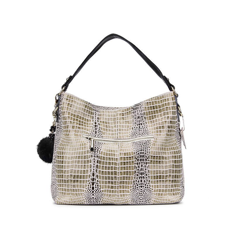 Damen Echtem Leder Krokodil Taschen Umhängetasche Mit Fellknäuel Embassed Handtasche Messenger Tasche