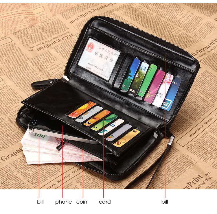 Herren England Stil Split Leder Brieftasche Männlichen Großen Reißverschluss Kupplung Geldbörse