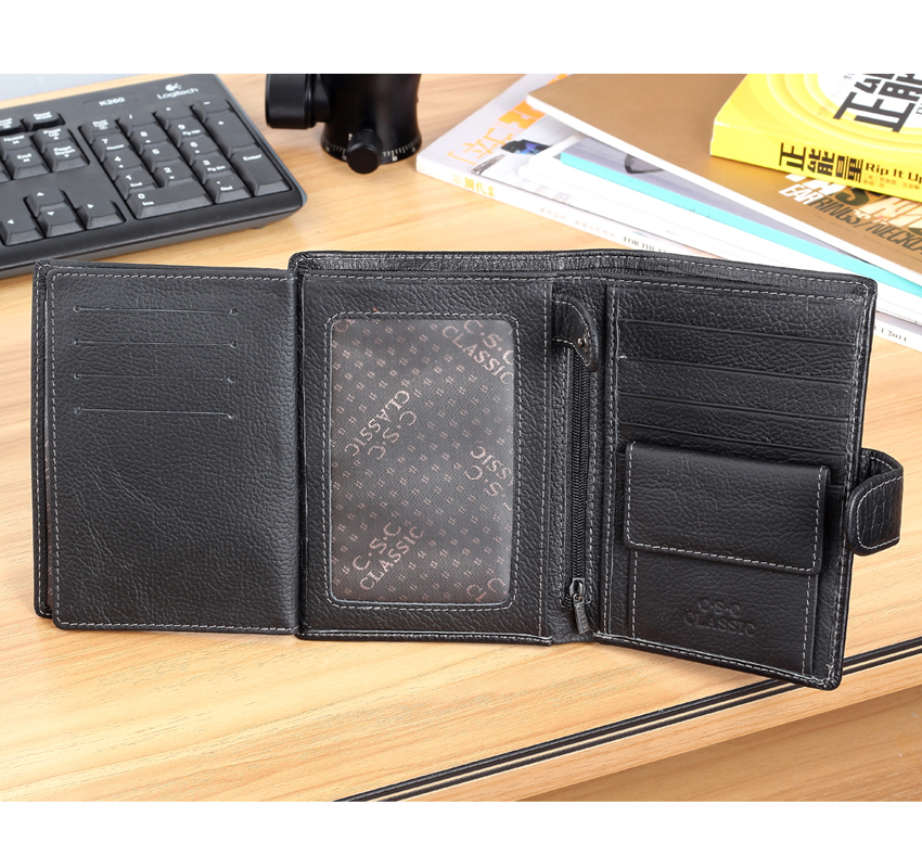 Berühmte Marke Mens Gentleman Schwarz Large Bifold echtes Leder Brieftasche Passcard Tasche Gutschrift