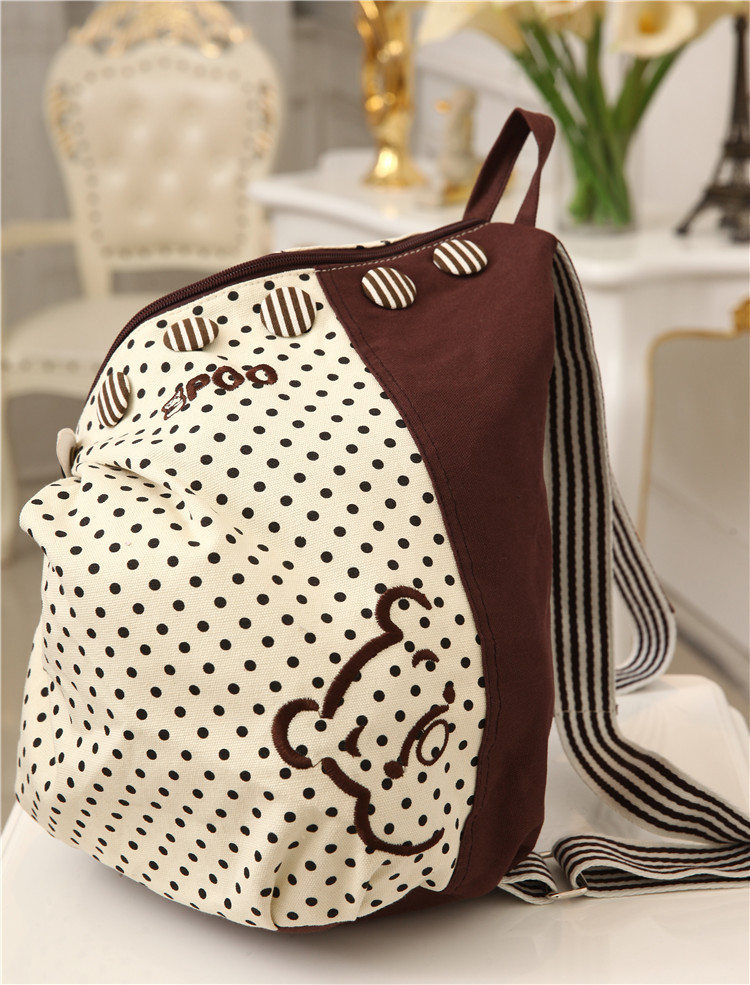 Neue Mode Damen Rucksack Kontrast Polka Dot Taste Dekoration Leinwand Umhängetasche Khaki mit Red Dot